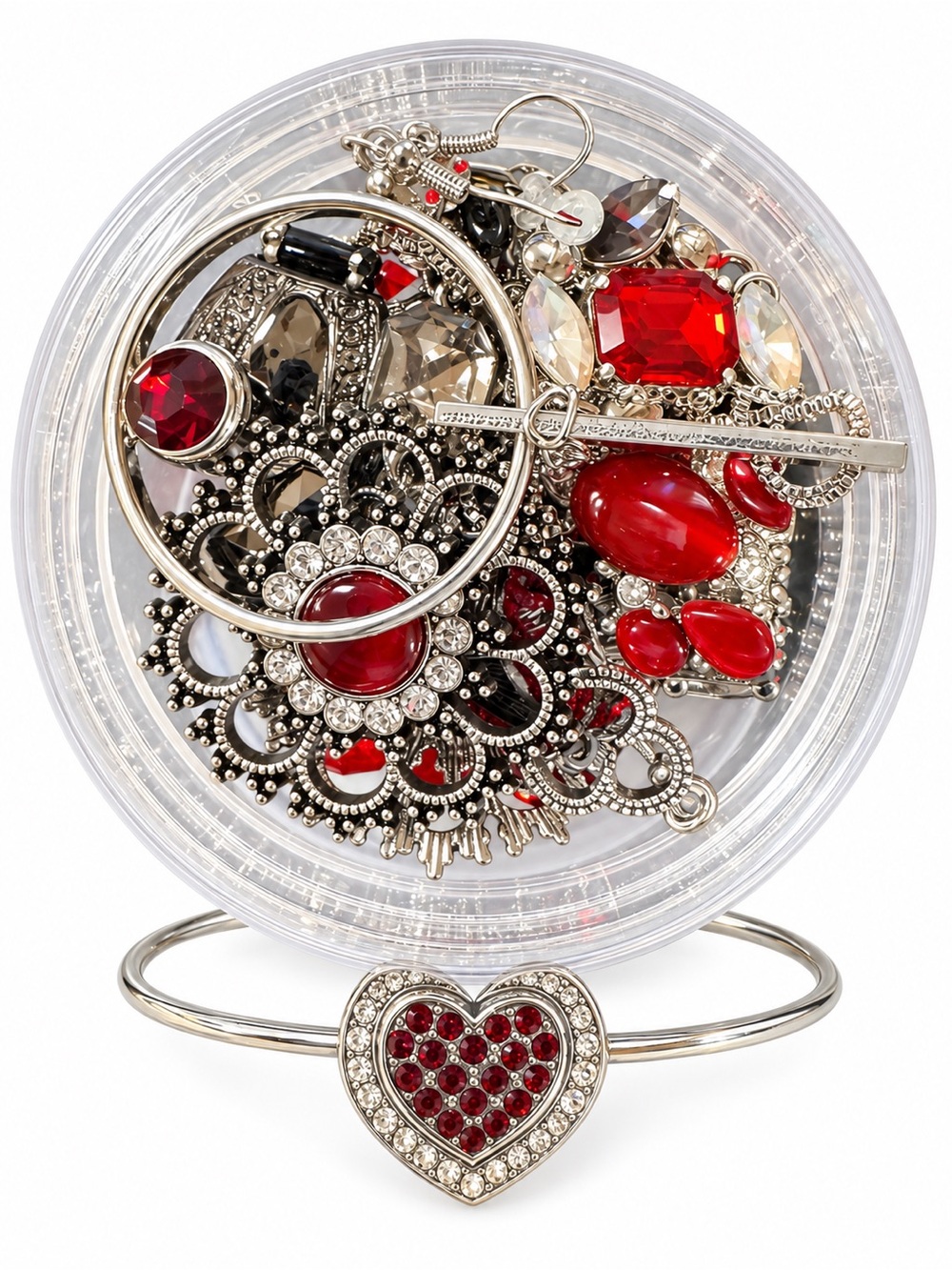 Silver-Tone Red Heart Bracelet Set with Crystal Accents